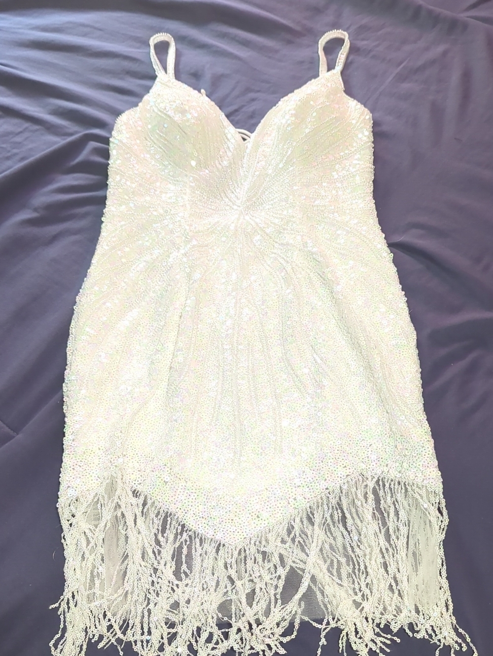 White Beaded Asymmetrical Fringe Dress